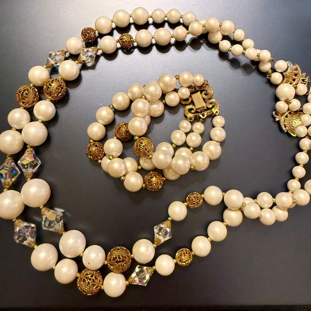 Vintage Faux Pearl Gold Filigree Crystal Beaded Jewelry Set